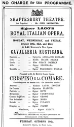 シャフツベリーシアター、1891年に &39;Cavalleria Rusticana&39;と &39;Crispino e la Comare&39;のパフォーマンスを宣伝するPlaybill（印刷紙）